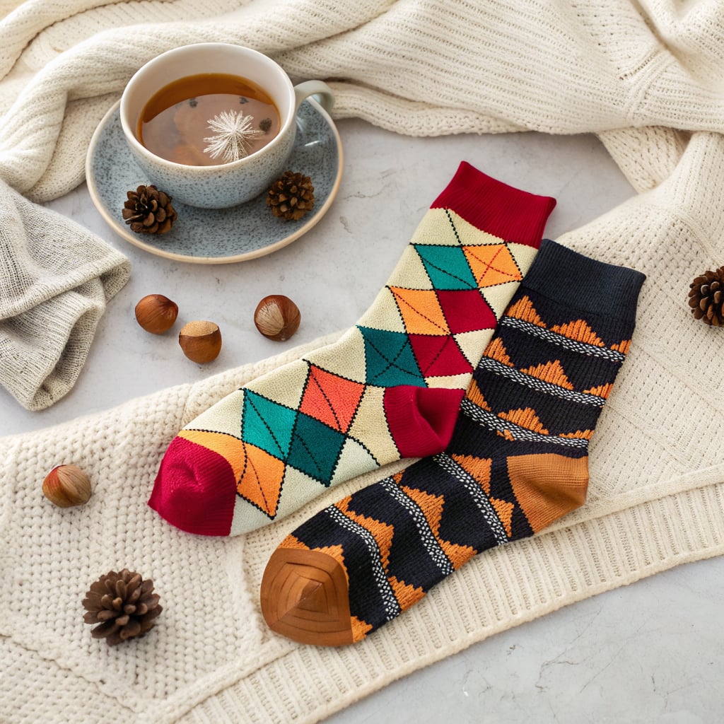 A pair of colorful patterned socks placed on a textured blanket next to a cup of coffee and decorative items.