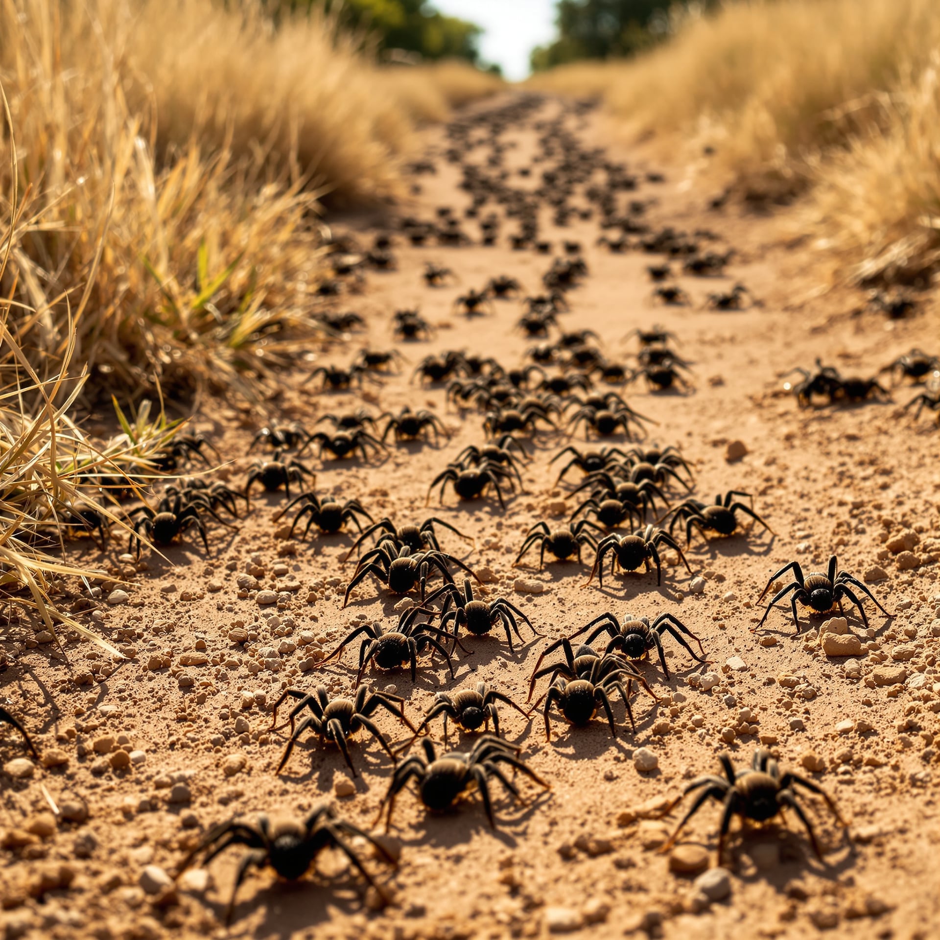 A large number of black spiders are crawling along a dirt path surrounded by dry grass.