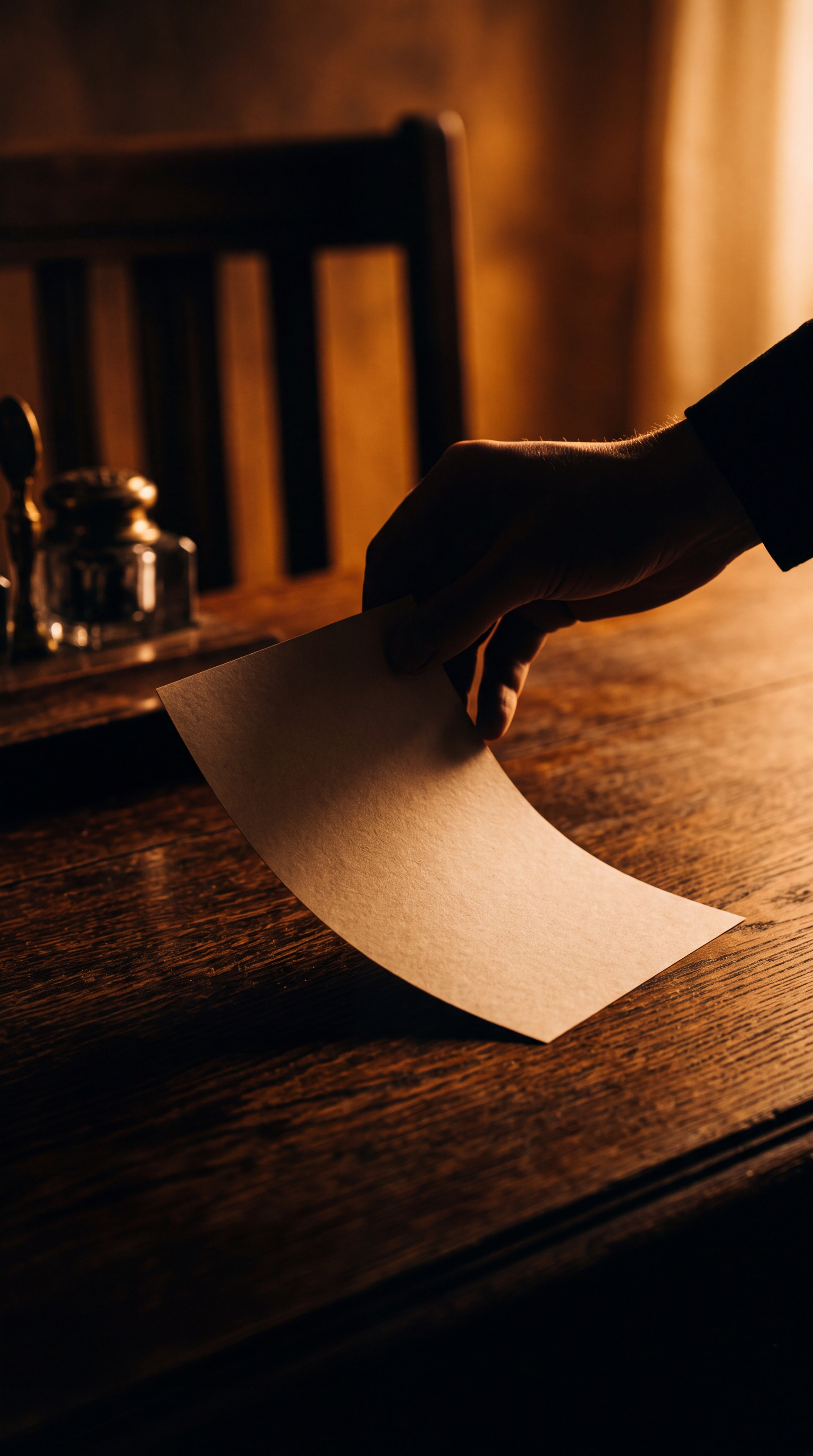 A hand is placing a blank piece of paper on a wooden table.