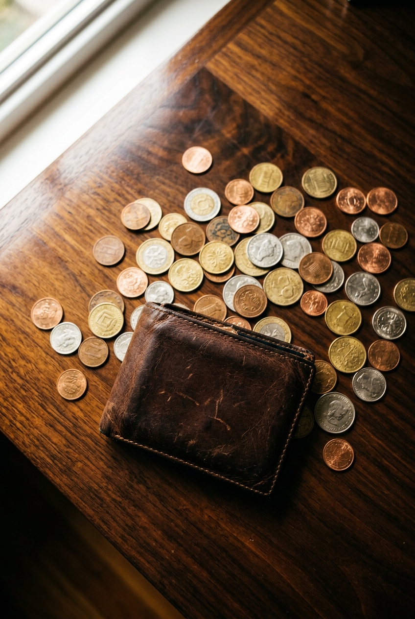 A brown wallet is placed on a wooden surface surrounded by various coins.