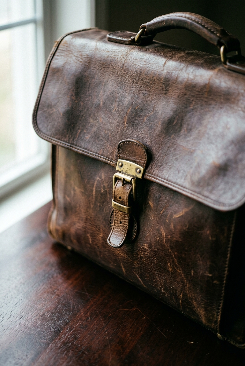 A vintage leather briefcase resting on a wooden surface near a window.