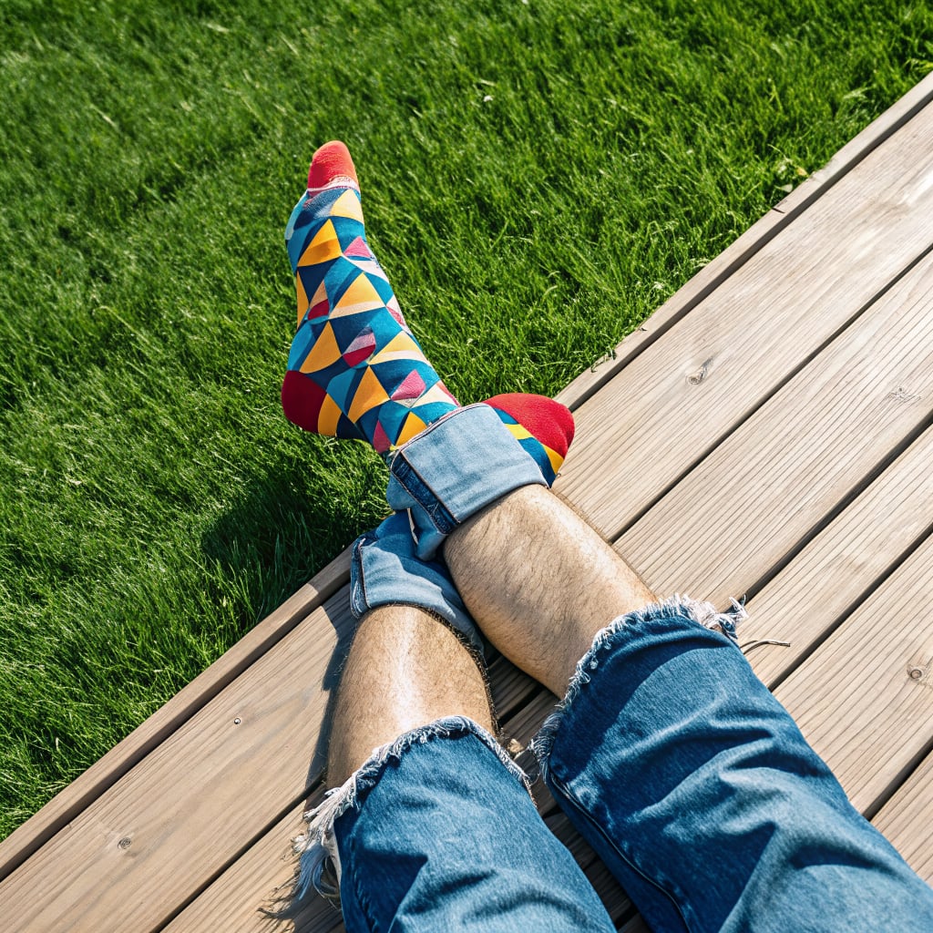 A person's legs are shown resting on a wooden surface with colorful patterned socks.