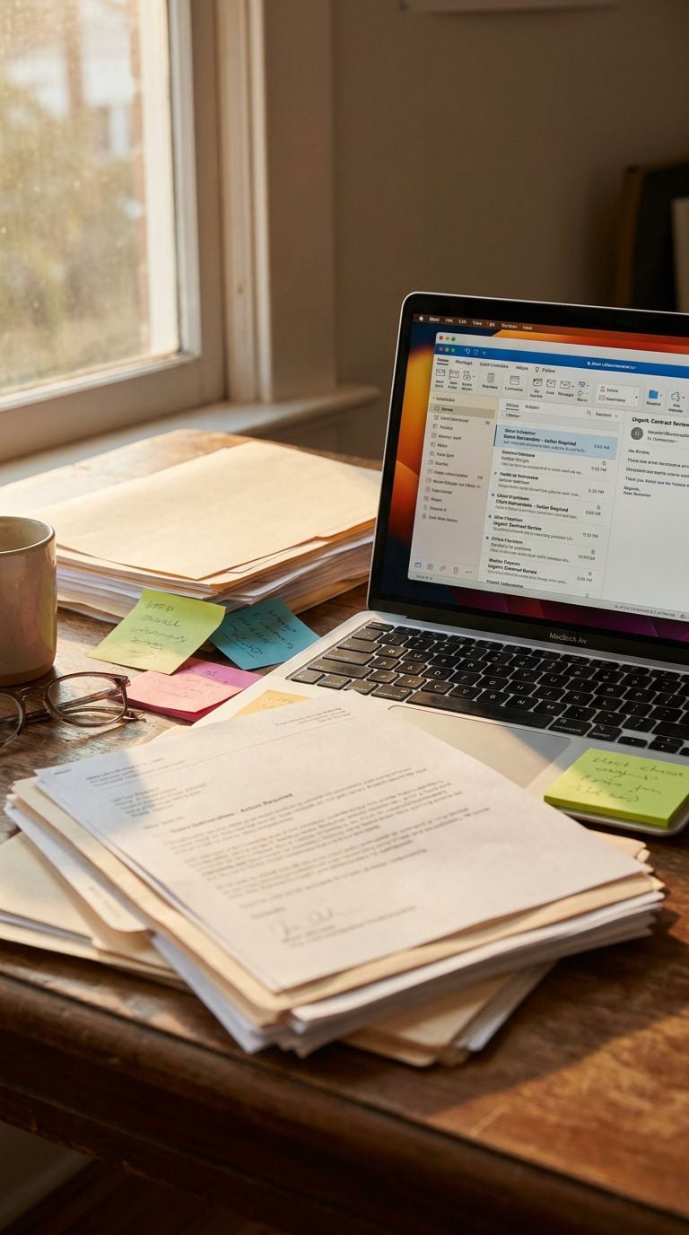 A workspace with a laptop, papers, sticky notes, and a coffee mug on a wooden table.