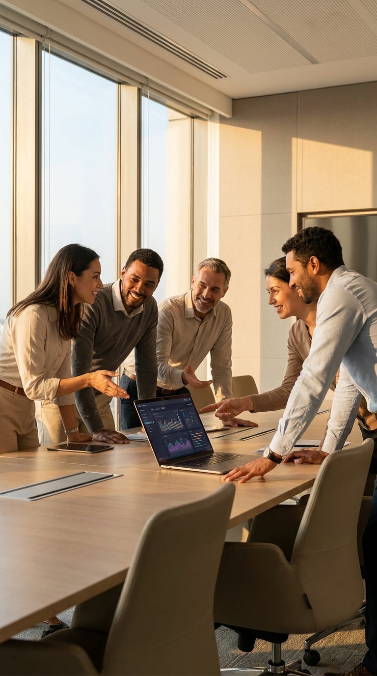 A group of six professionals collaborating around a laptop in a modern office setting.