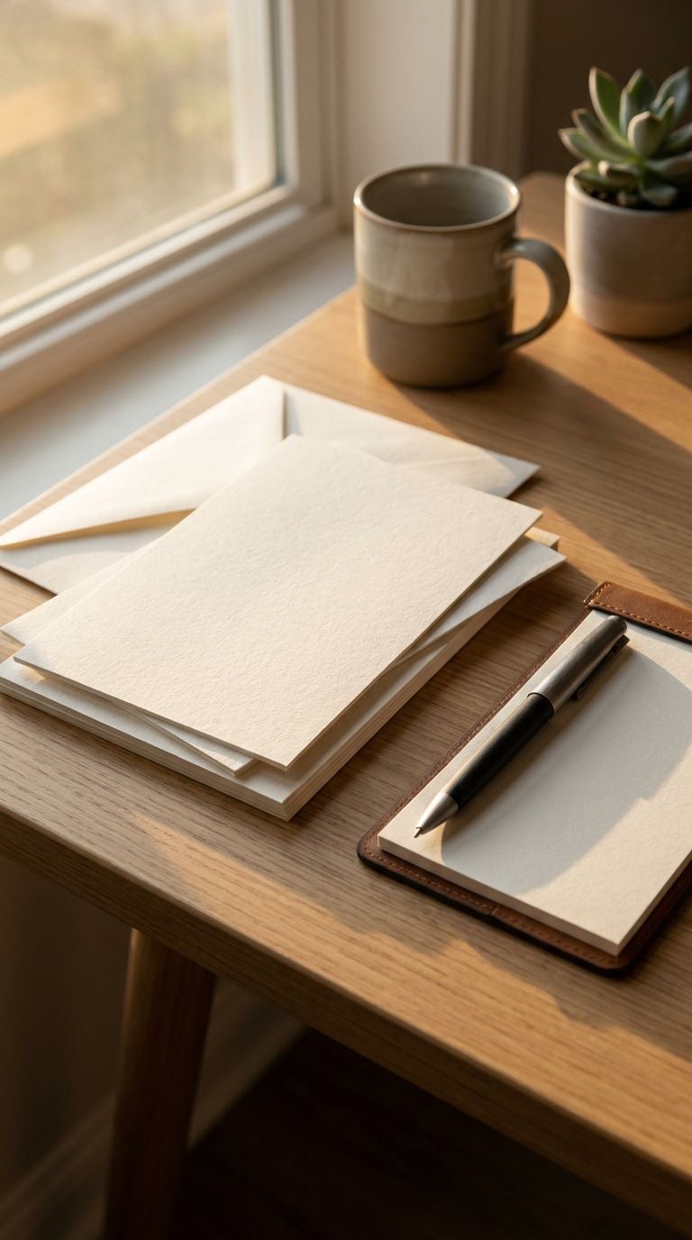 A workspace featuring a cup, blank envelopes, and a notebook on a wooden table.