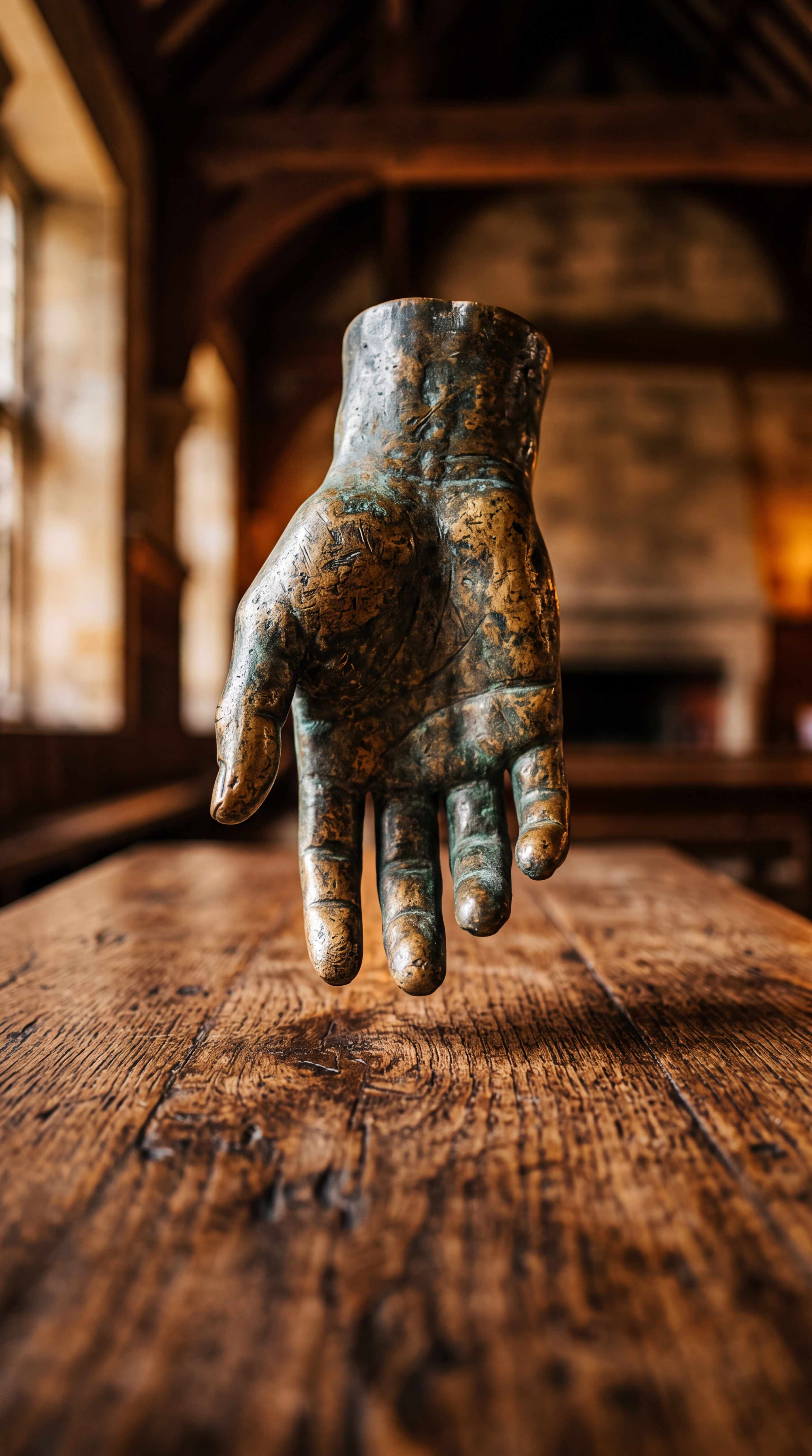 A bronze hand sculpture is displayed on a wooden table in a rustic interior.