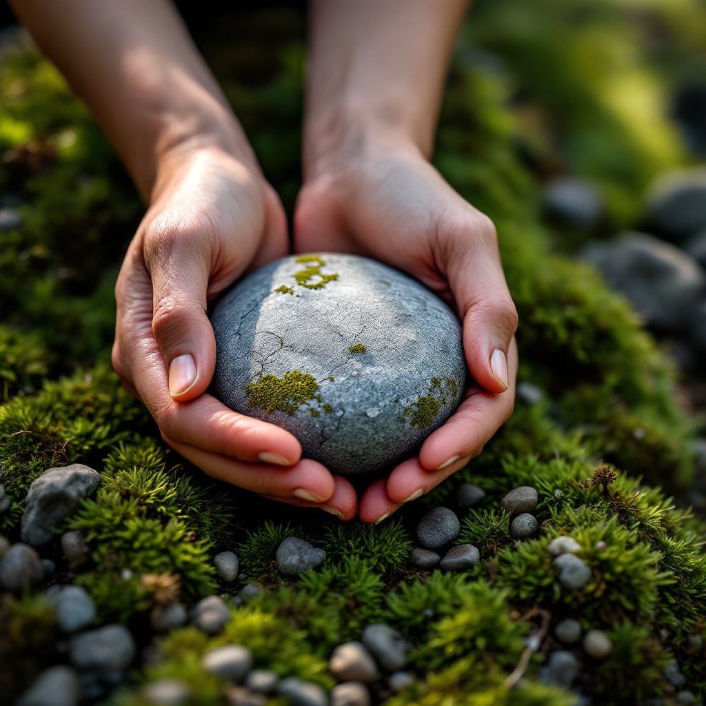 A person holds a smooth stone in their hands while surrounded by moss and small pebbles.