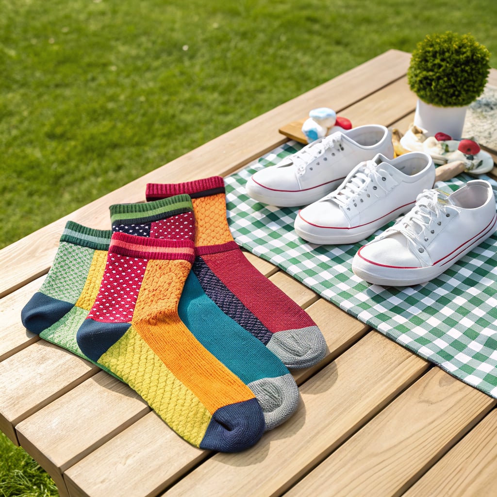 A collection of colorful socks displayed on a wooden table next to white sneakers.