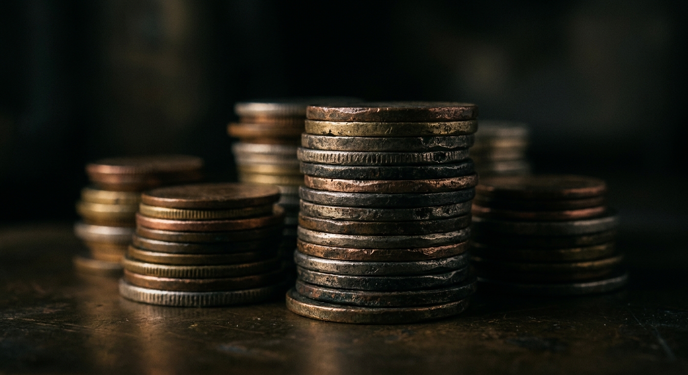 A close-up view of stacked coins of various sizes and colors.