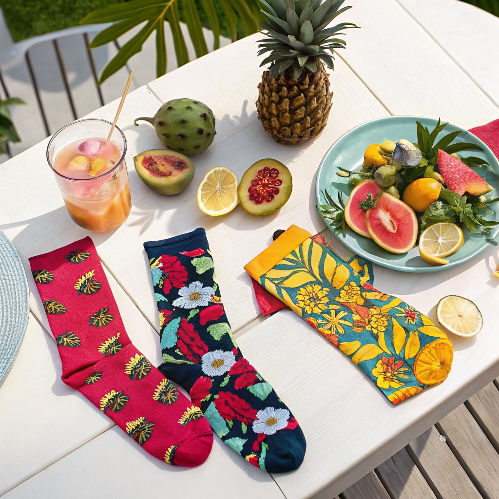A colorful arrangement of socks and tropical fruits on a table.