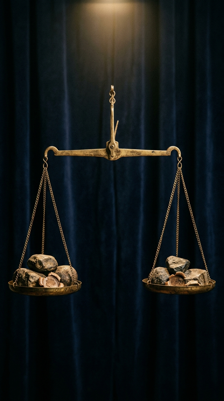 A vintage balance scale with rocks on both sides.