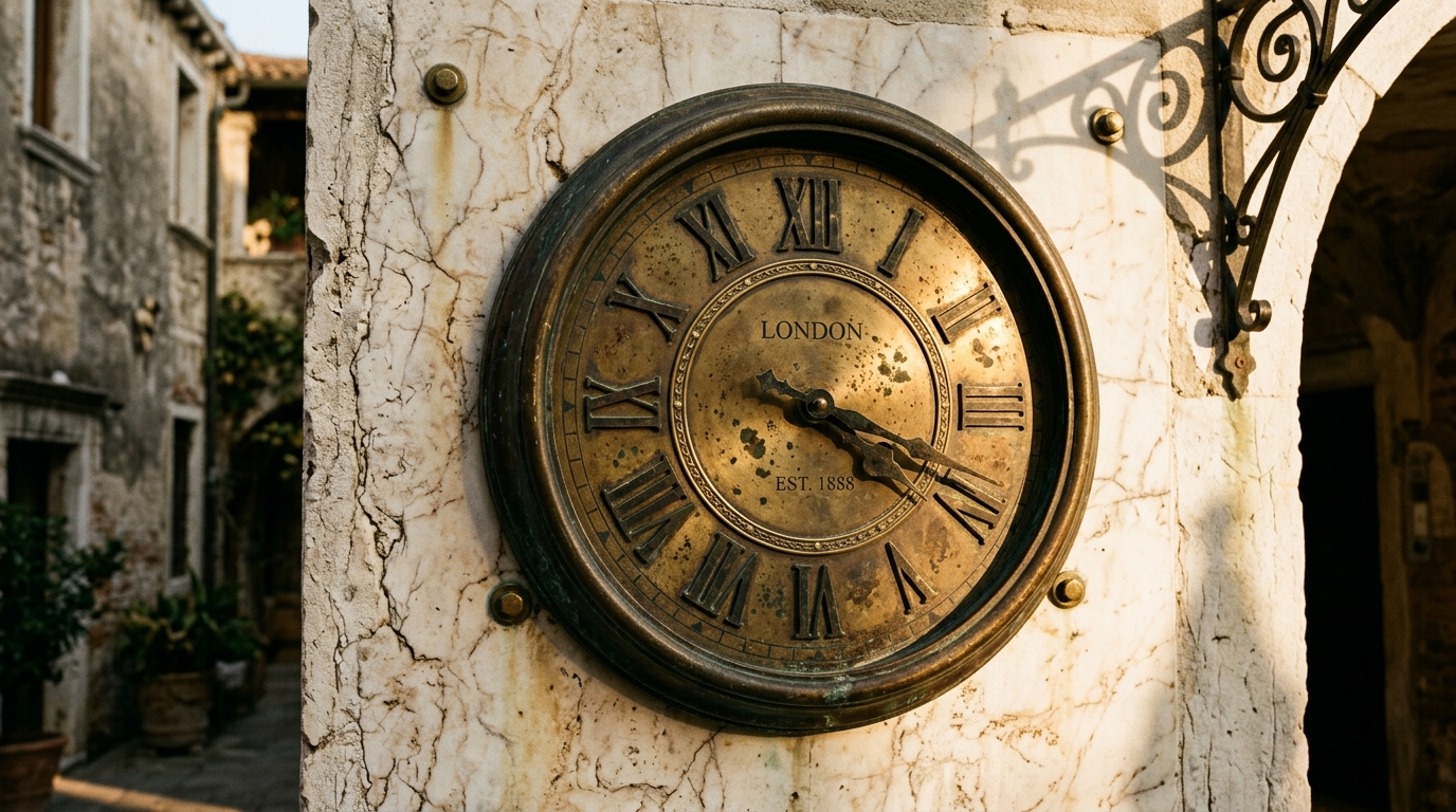 A vintage clock mounted on a textured wall.