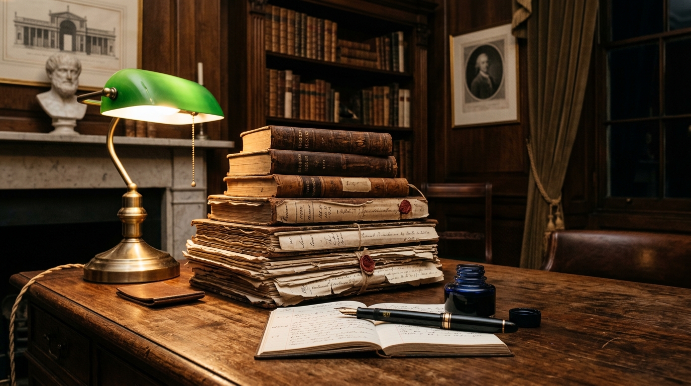 A stack of old books and a fountain pen on a wooden desk in a library setting.