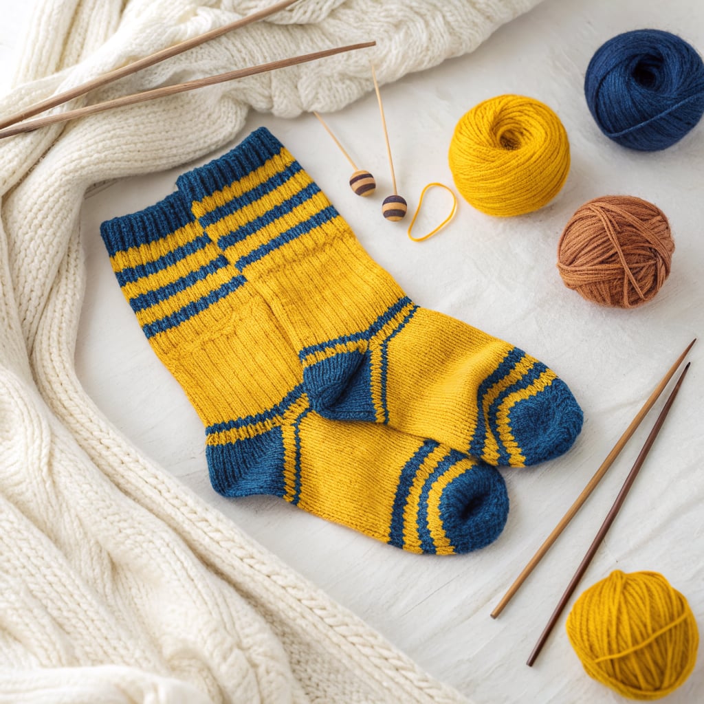 A pair of yellow and blue knitted socks surrounded by yarn balls and knitting needles.