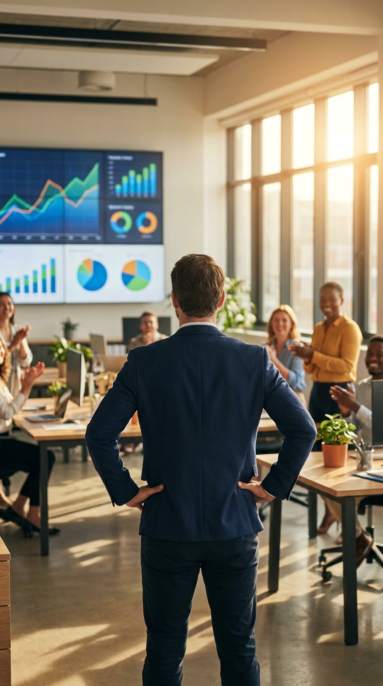 A group of professionals in an office setting applauding a speaker.