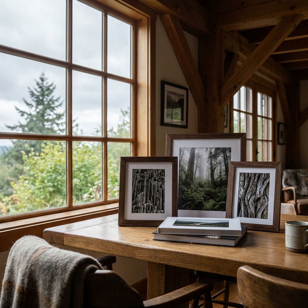 A cozy interior scene featuring framed photographs on a wooden table with a view of trees outside.