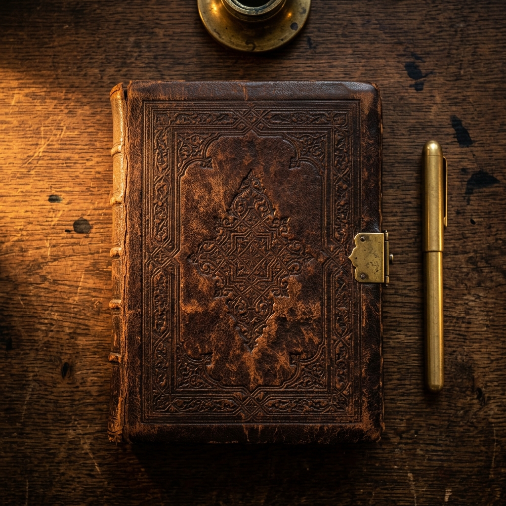 An antique leather-bound journal placed on a wooden surface next to a pen.