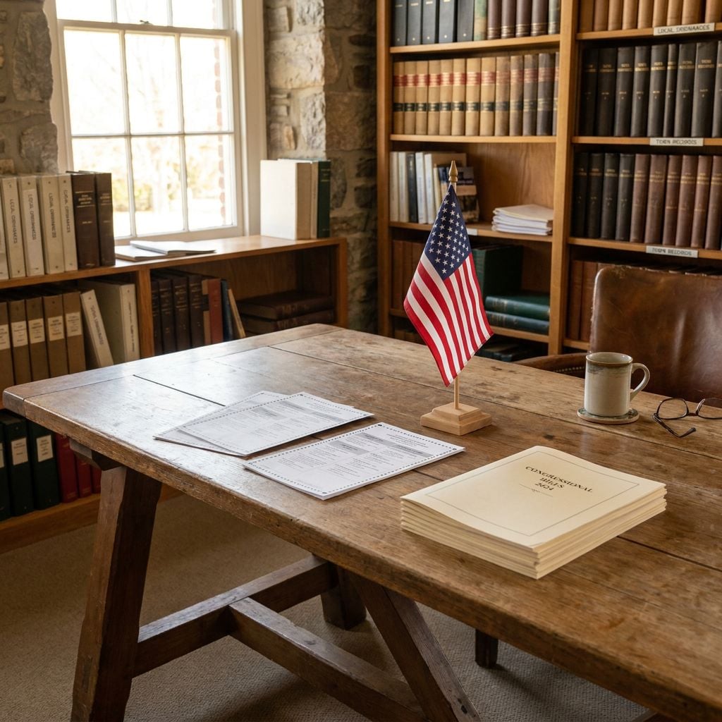 A wooden table in a library setting with an American flag, documents, and a mug.