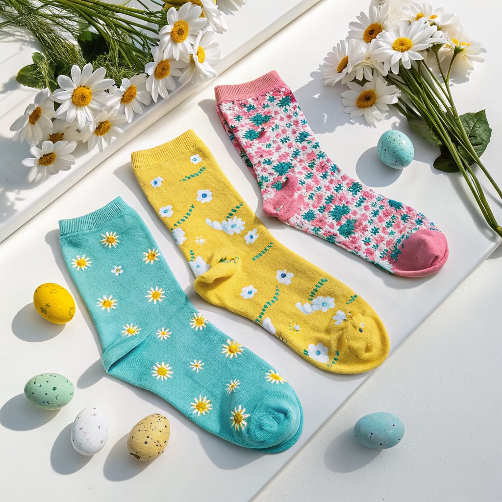 A flat lay of colorful socks surrounded by daisies and decorative Easter eggs.