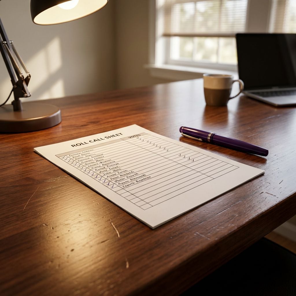 A roll call sheet is placed on a wooden desk next to a pen and a coffee cup.
