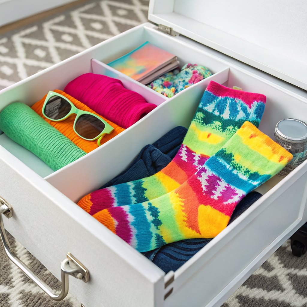 A neatly organized drawer containing colorful clothing items and accessories.