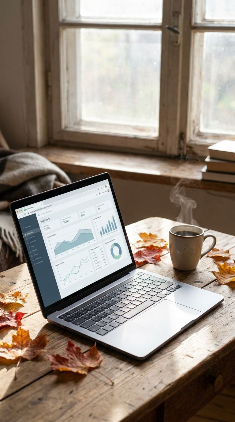 A laptop displaying data analytics sits on a wooden table next to a steaming cup of coffee and autumn leaves.