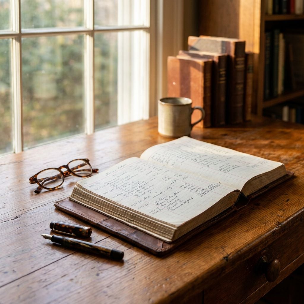 A wooden desk with an open notebook, glasses, pens, and a mug near a window.