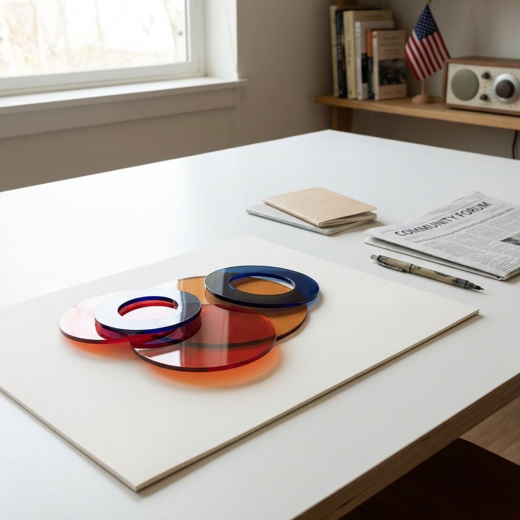 A minimalist workspace featuring colorful glass shapes on a table.