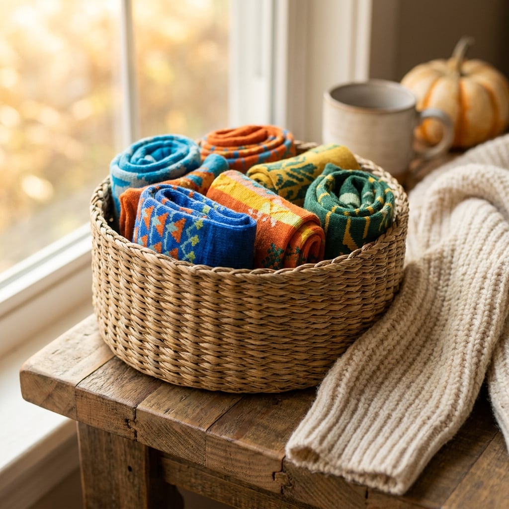 A woven basket containing rolled towels in various colors sits on a wooden table near a window.