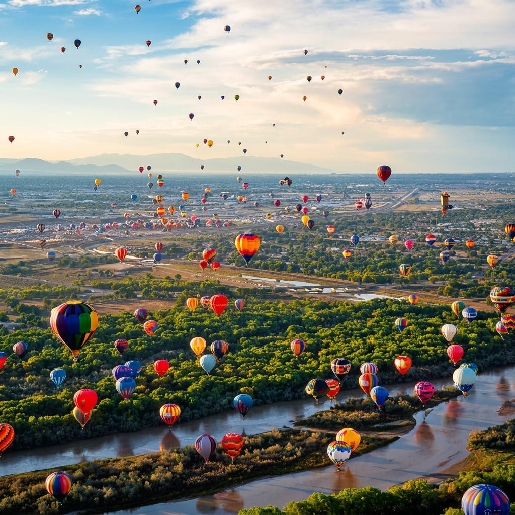 A vibrant scene of numerous hot air balloons flying over a lush landscape and river.