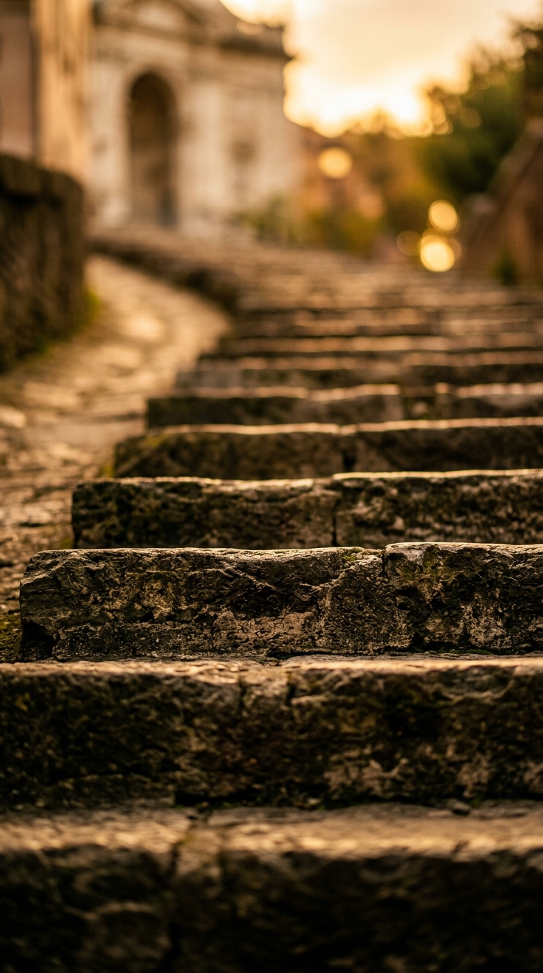 A close-up view of stone steps leading up a pathway.