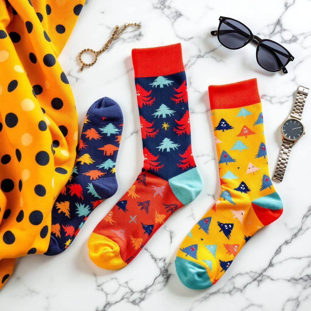 A flat lay of colorful patterned socks alongside accessories on a marble surface.