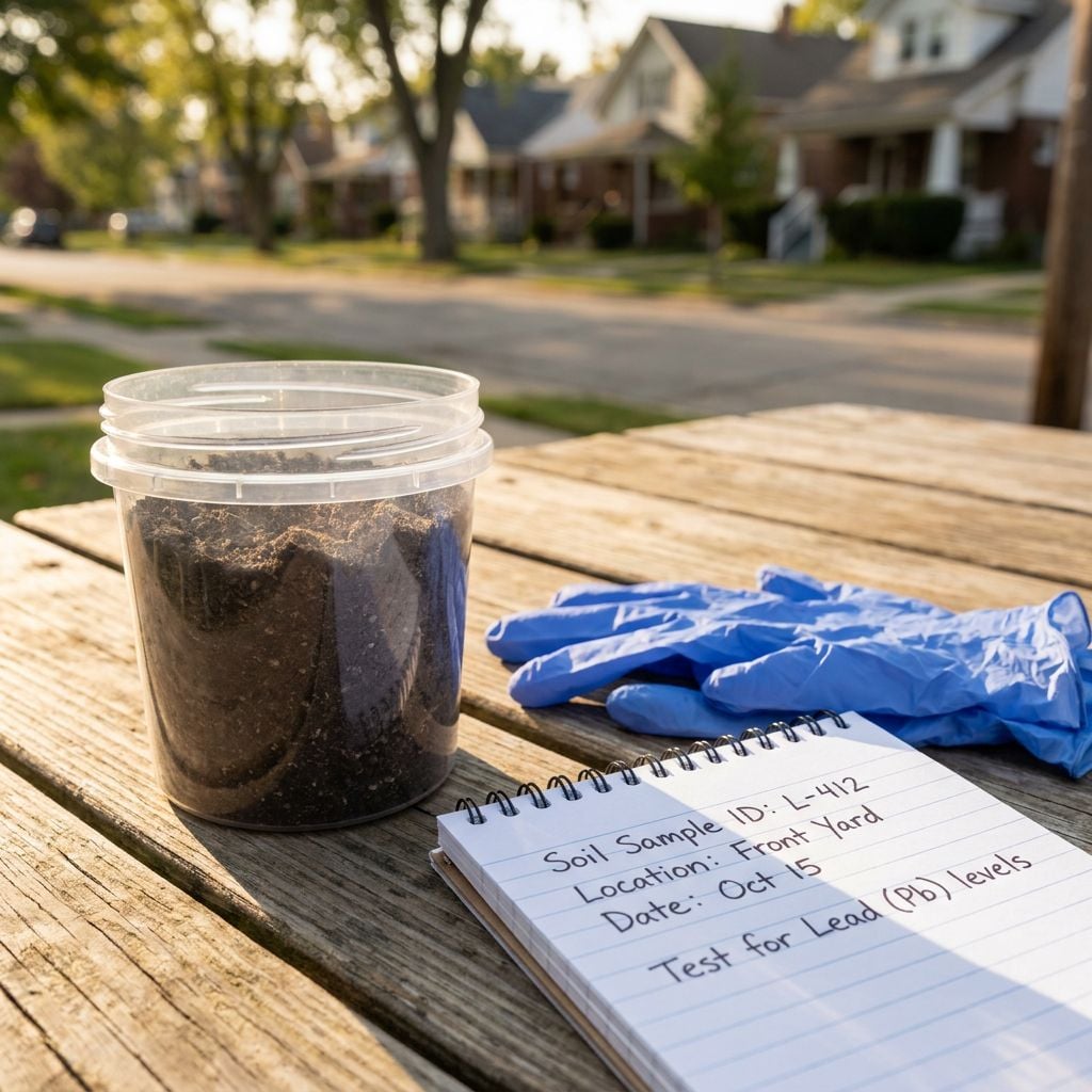 A soil sample in a container is placed on a table next to a notepad and a pair of gloves.