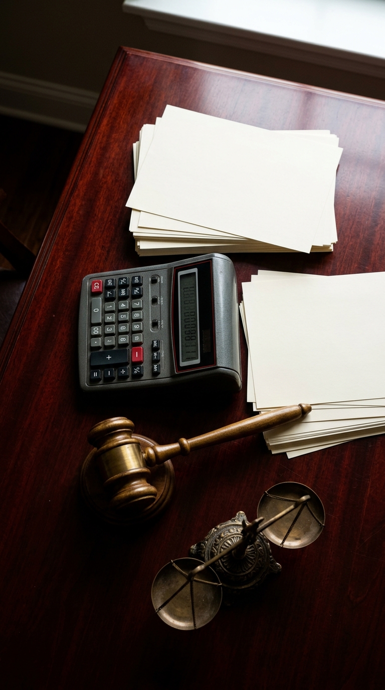 A wooden table with a calculator, blank sheets of paper, a gavel, and a pair of glasses.
