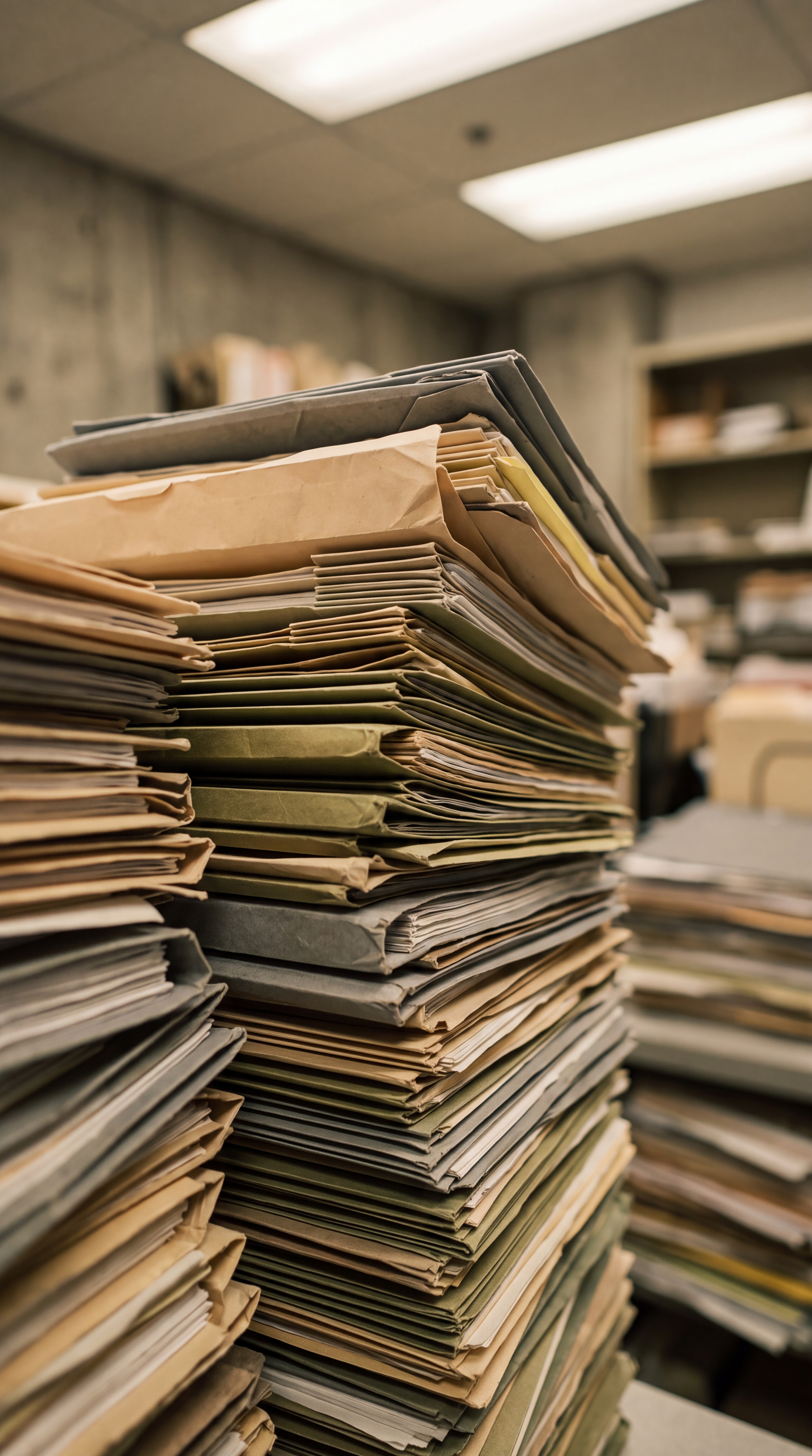A large stack of neatly organized folders and documents in an office setting.