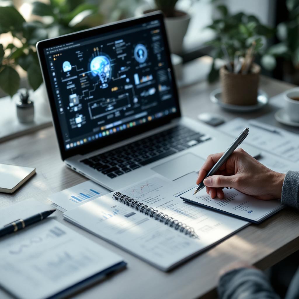 A person is taking notes while working on a laptop with various documents and plants on the table.