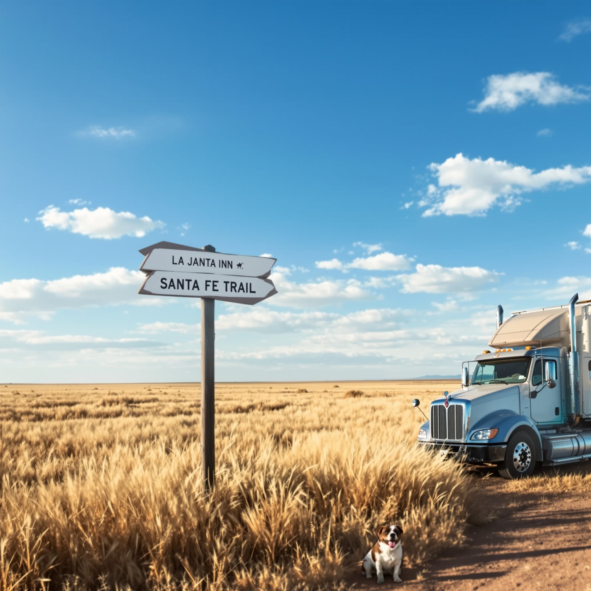 A truck is parked near a signpost indicating La Janta Inn and Santa Fe Trail in a grassy landscape.