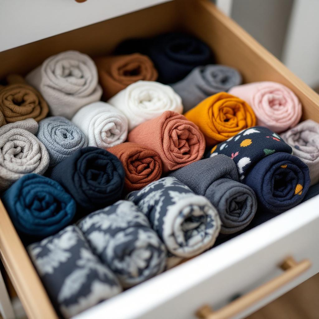 A neatly organized drawer filled with rolled socks in various colors and patterns.