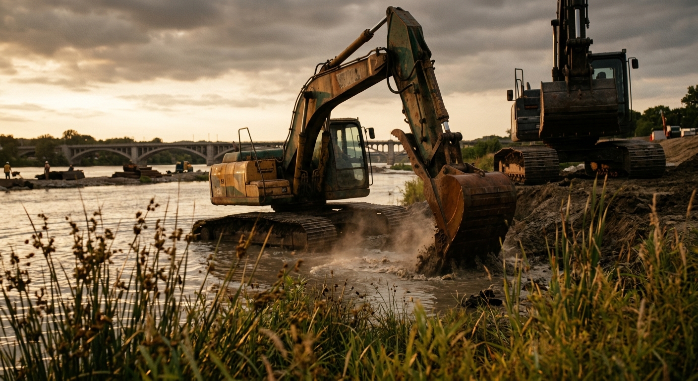 An excavator is digging in the water near a riverbank during sunset.