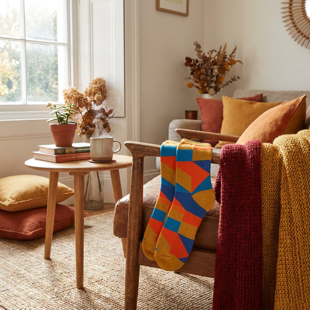 A cozy living room scene featuring colorful socks draped over a chair.
