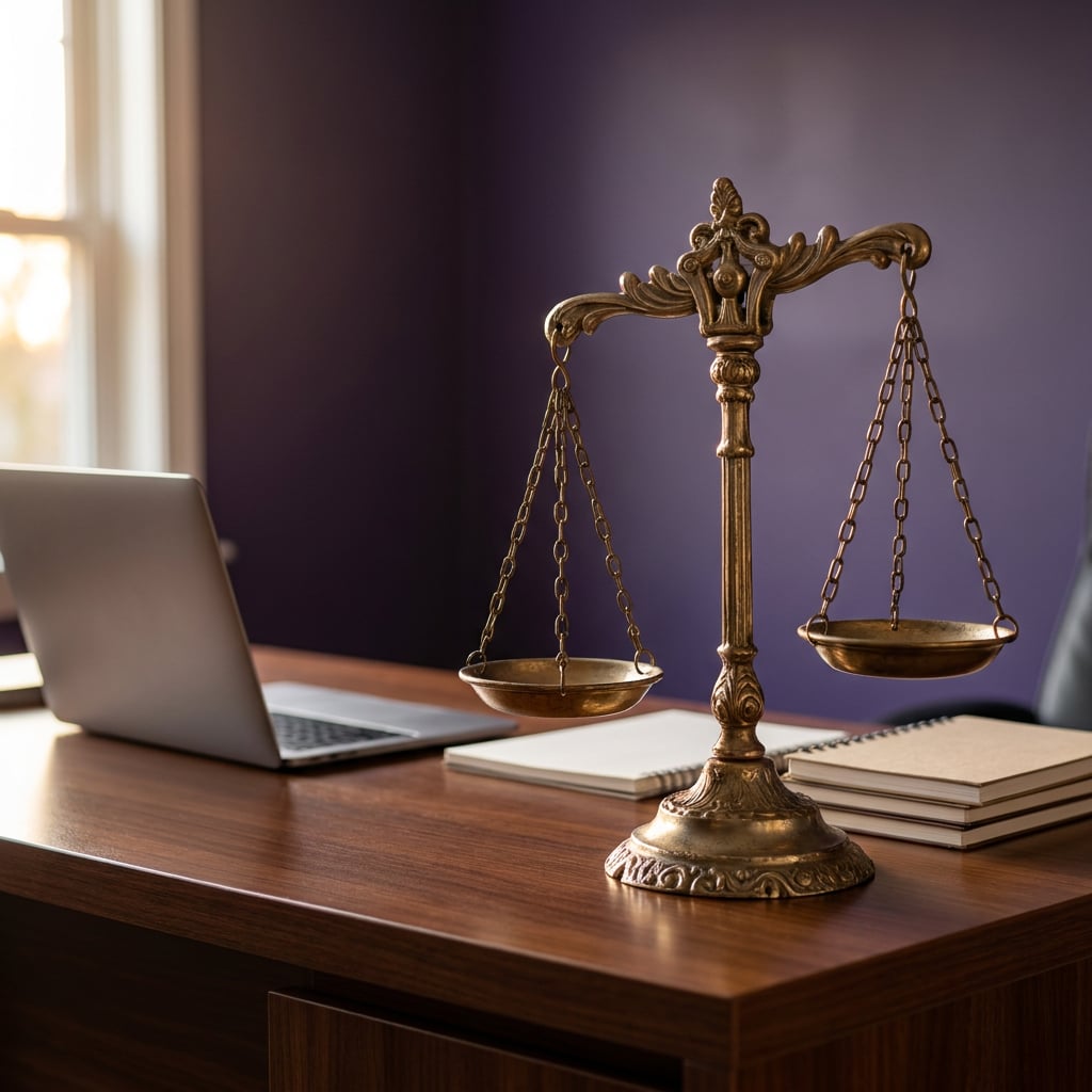 A brass scale of justice is placed on a wooden desk next to a laptop and notebooks.