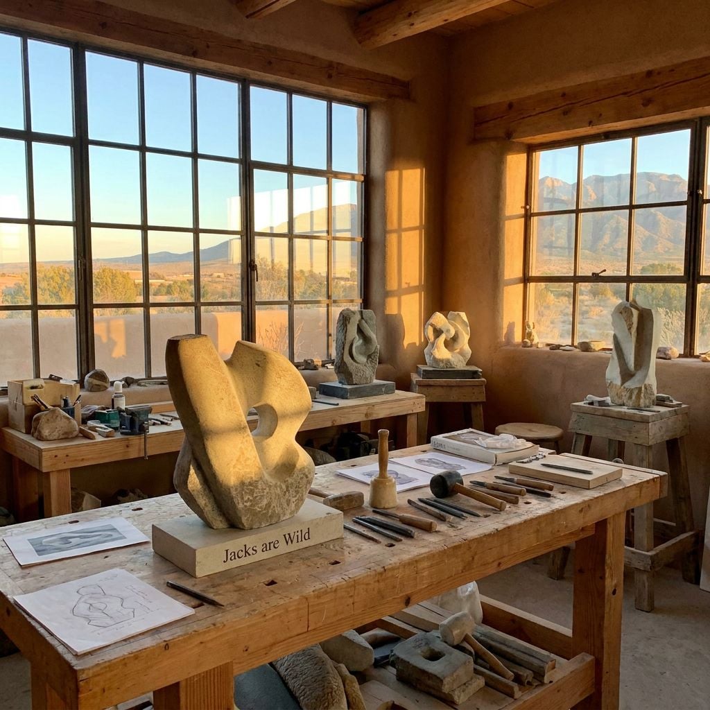 A sculpture studio with various stone sculptures and tools visible.