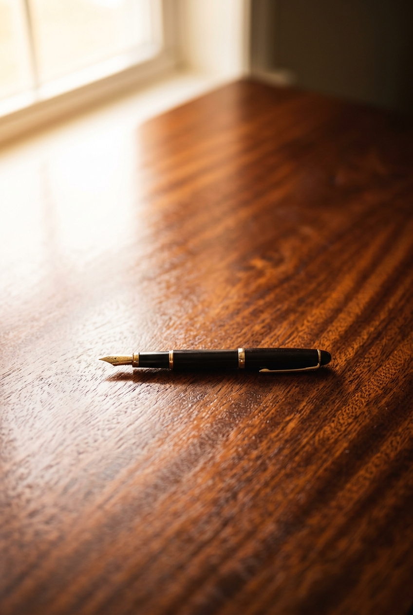 A fountain pen resting on a wooden table near a window.