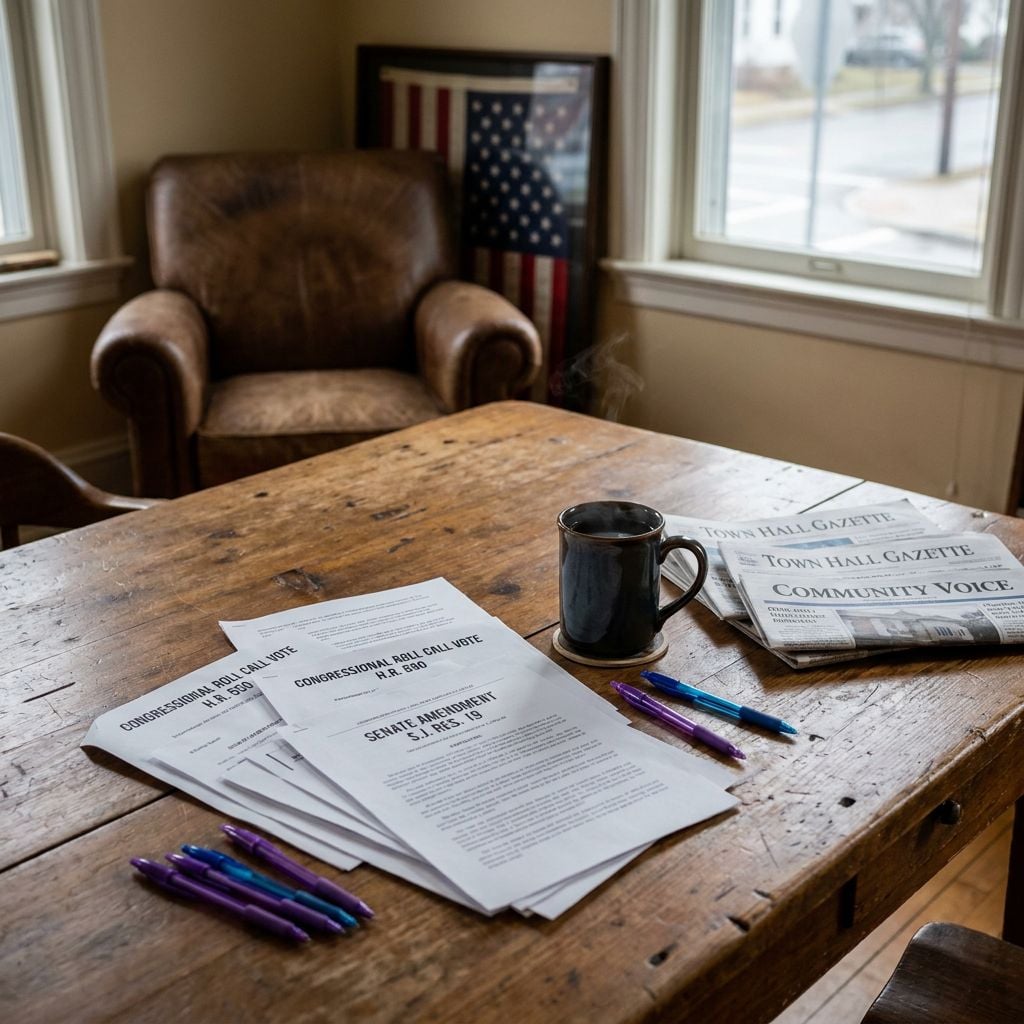 A wooden table with papers, pens, and a coffee mug in a room with large windows.