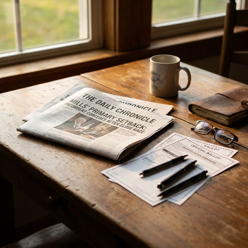 A wooden table with a newspaper, a coffee mug, a notebook, glasses, and pens.