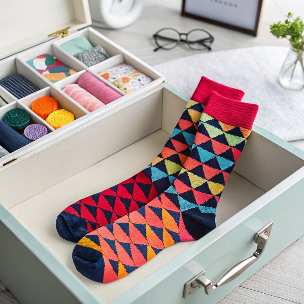 A pair of colorful patterned socks is displayed in an open drawer alongside various sewing supplies.