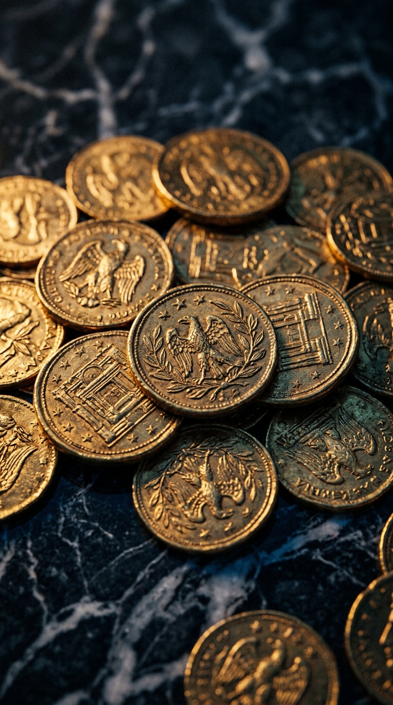 A collection of gold coins scattered on a dark marble surface.