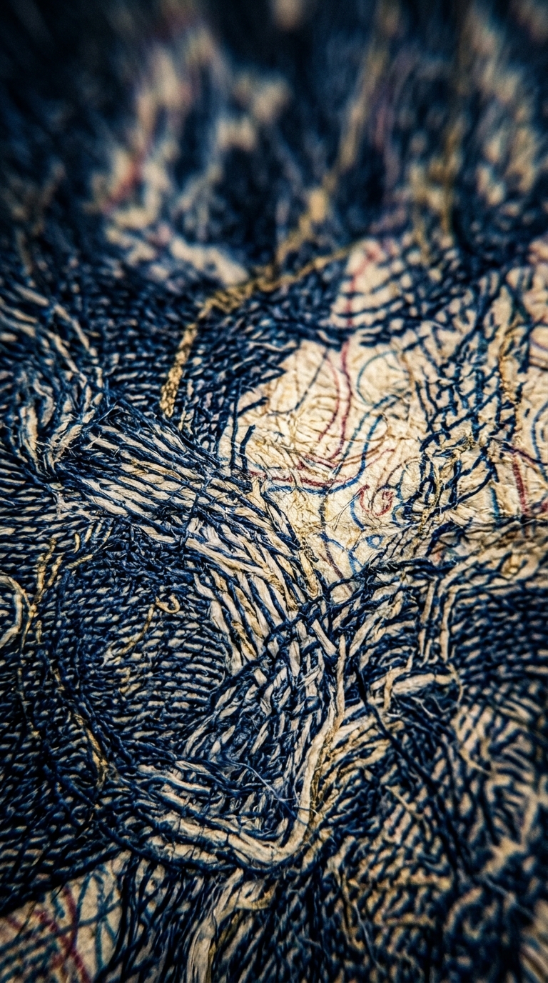 A close-up view of intricate embroidery on fabric.