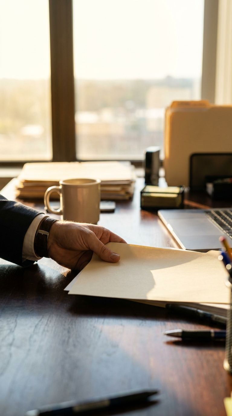 A person's hand holding a folder on a desk with a laptop and coffee cup.