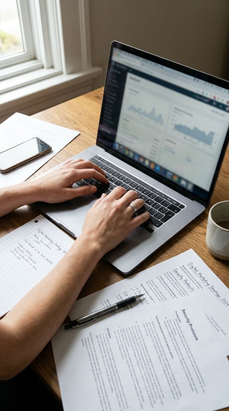A person typing on a laptop with documents and a coffee cup on a wooden table.